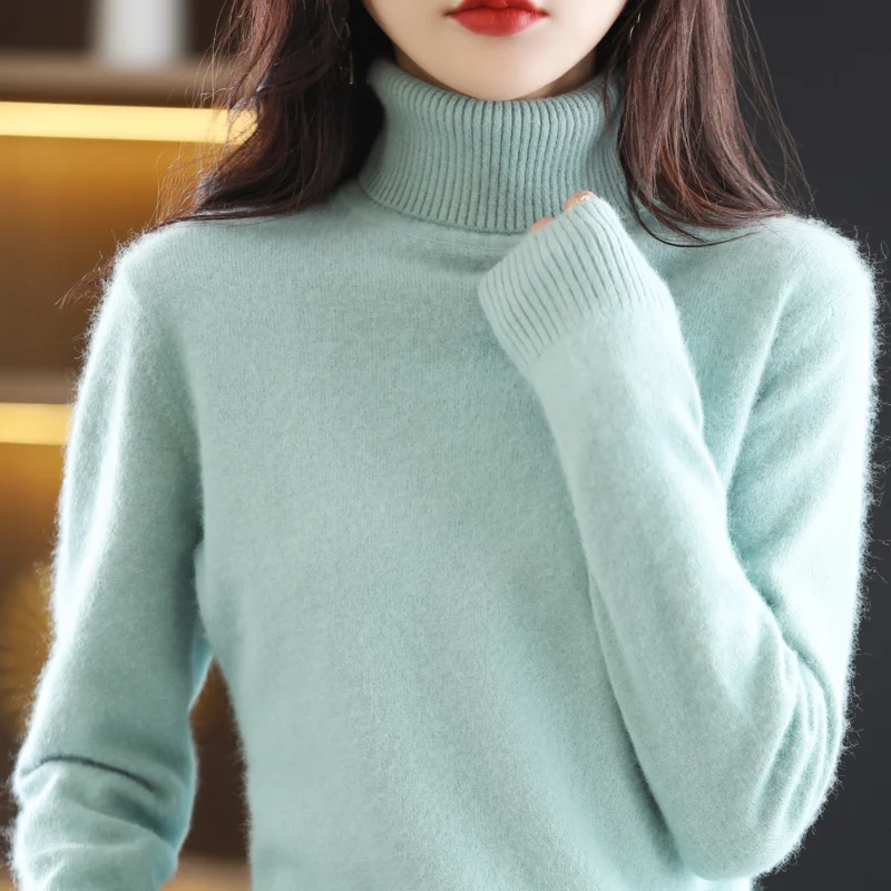 Autumn and winter new 100% mink velvet women\'s sweater turtleneck knit pullover slim fashion soft warm solid color 23-color top