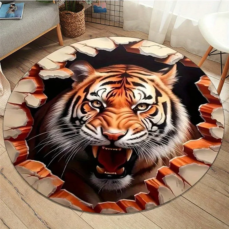 1 Stück runder Teppich mit 3D-Bruch-Tiger-Muster, rutschfeste Bodenmatte für Wohnzimmer, Schlafzimmer, Badezimmer, Ferienhaus-Dekoration
