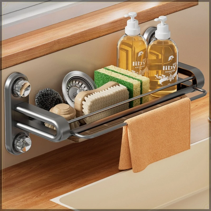 Suction Cup Sink Caddy Rack Carbon Steel Punch Free with Drain Tray Strong Load Bearing Multi-purpose Kitchen Sink Organizer
