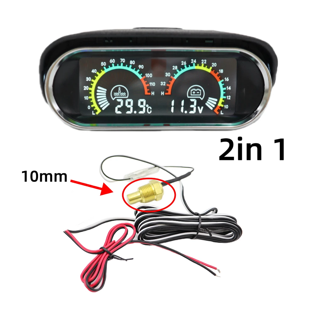 2 in 1 LCD Car Water Temp Gauge Water Temperature Sensor 10mm Meter Voltmeter Voltage Digital Horizontal 12v 24v Accessories