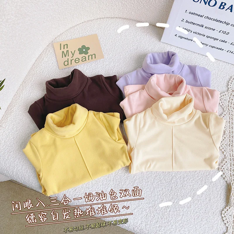 

Girls' Bottoming Shirt 2023 Winter New Baby Girl Turtleneck Velvet Padded Keep Warm Pure Color Top