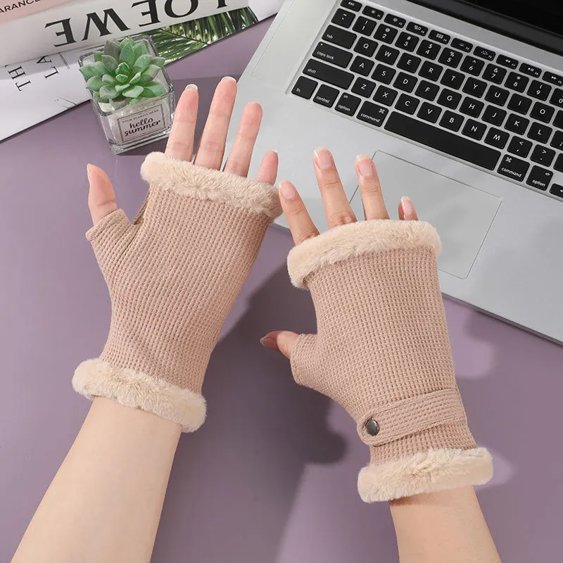 

Women Winter Keep Warm Elasticity Plush Wrist Half-Fingered Gloves Cute Lovely Sweety Commute Fashion Drive Soft Thickened