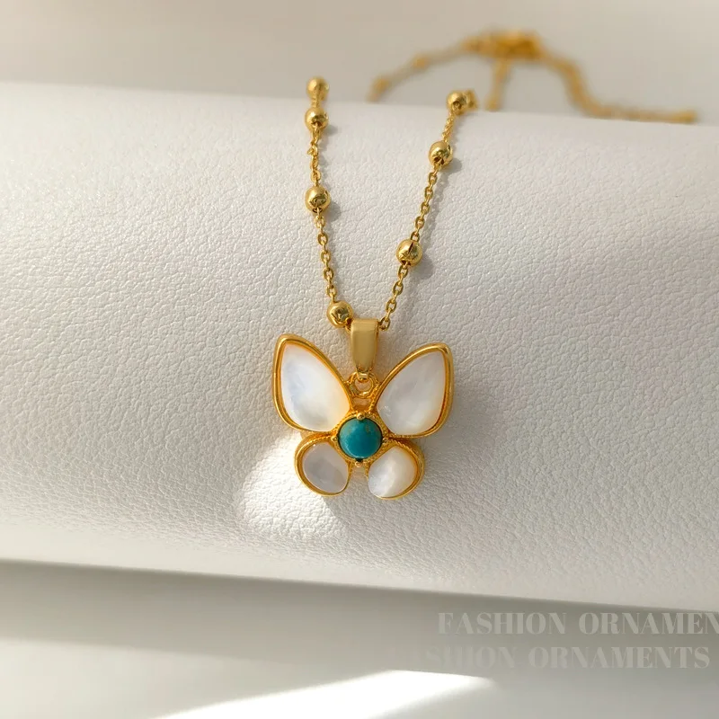 High-end Niche Natural Stone Beaded Necklace for Women, Light Luxury Fashion White Shell Butterfly Necklace Blue Clavicle Chain