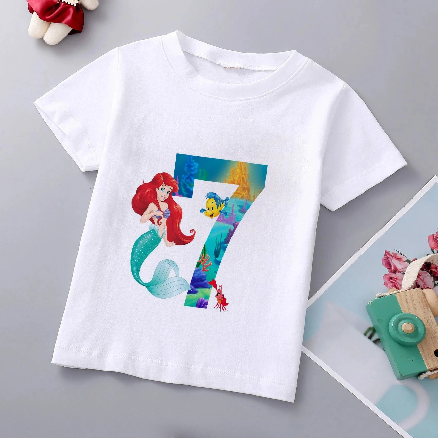 Disney Brand Girls Mermaid Princess Print Cotton T Shirt Ariel Princess Clothes Children Cartoon Top1-9Years Kids Birthday Gift