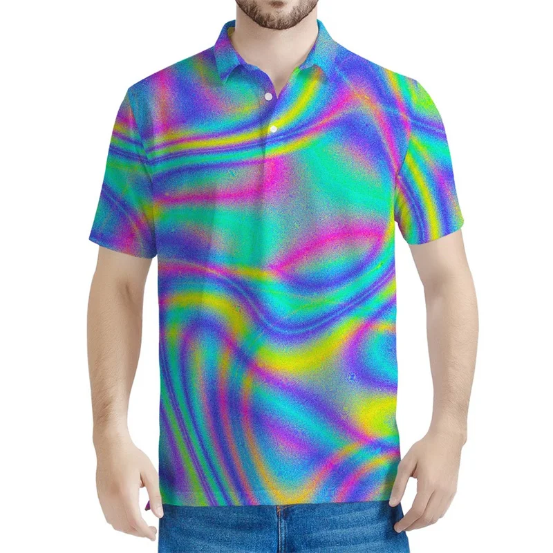 Abstract Holographic 3D Printed Polo Shirt For Men Colorful Liquid Graphic Short Sleeves Street Button Tees Lapel POLO Shirts