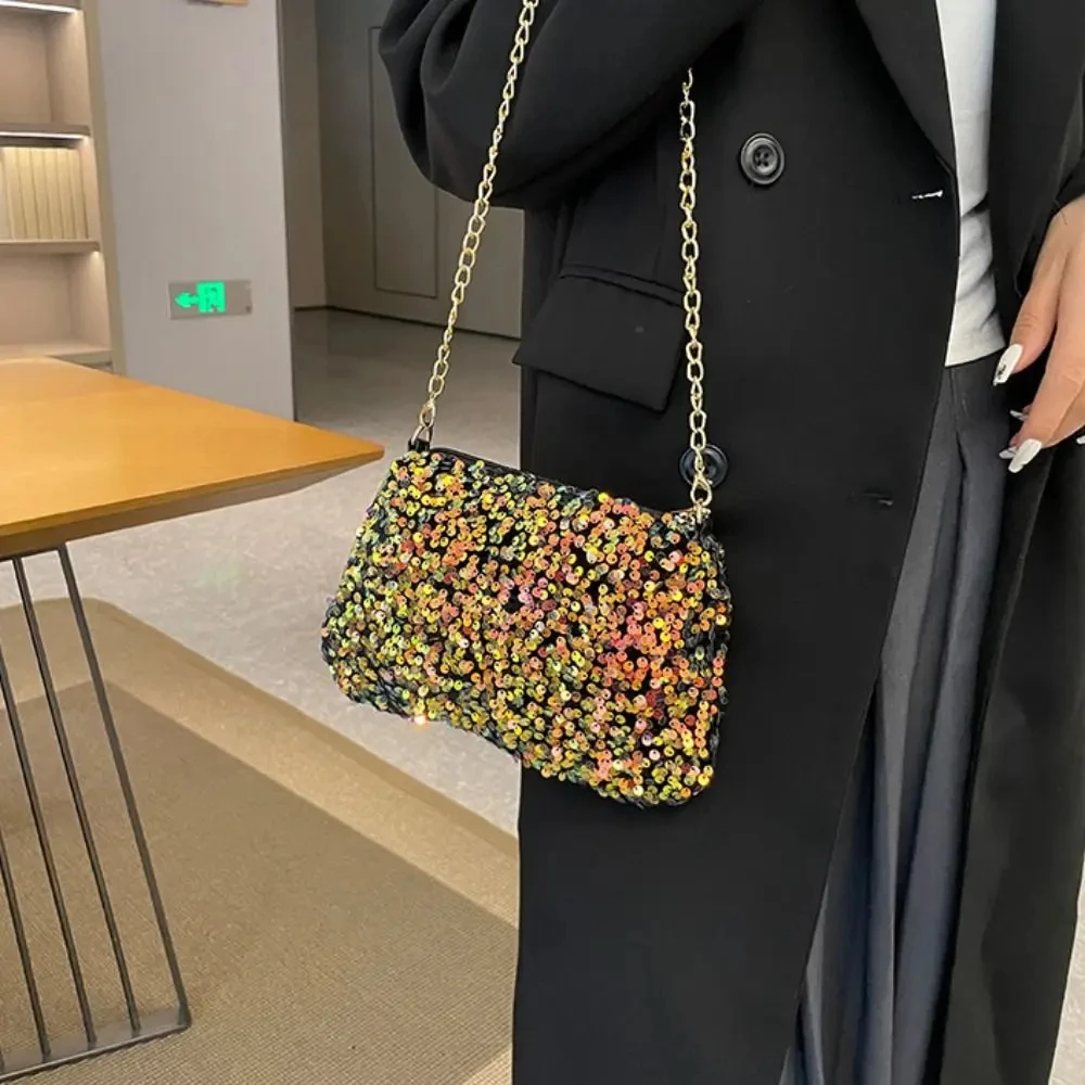 Einfarbige Umhängetasche mit Pailletten, einfache INS-Kette, Pailletten, Umhängetasche, Tasche, Handytasche, kleine quadratische Tasche, Dinner-Party – Detail 3