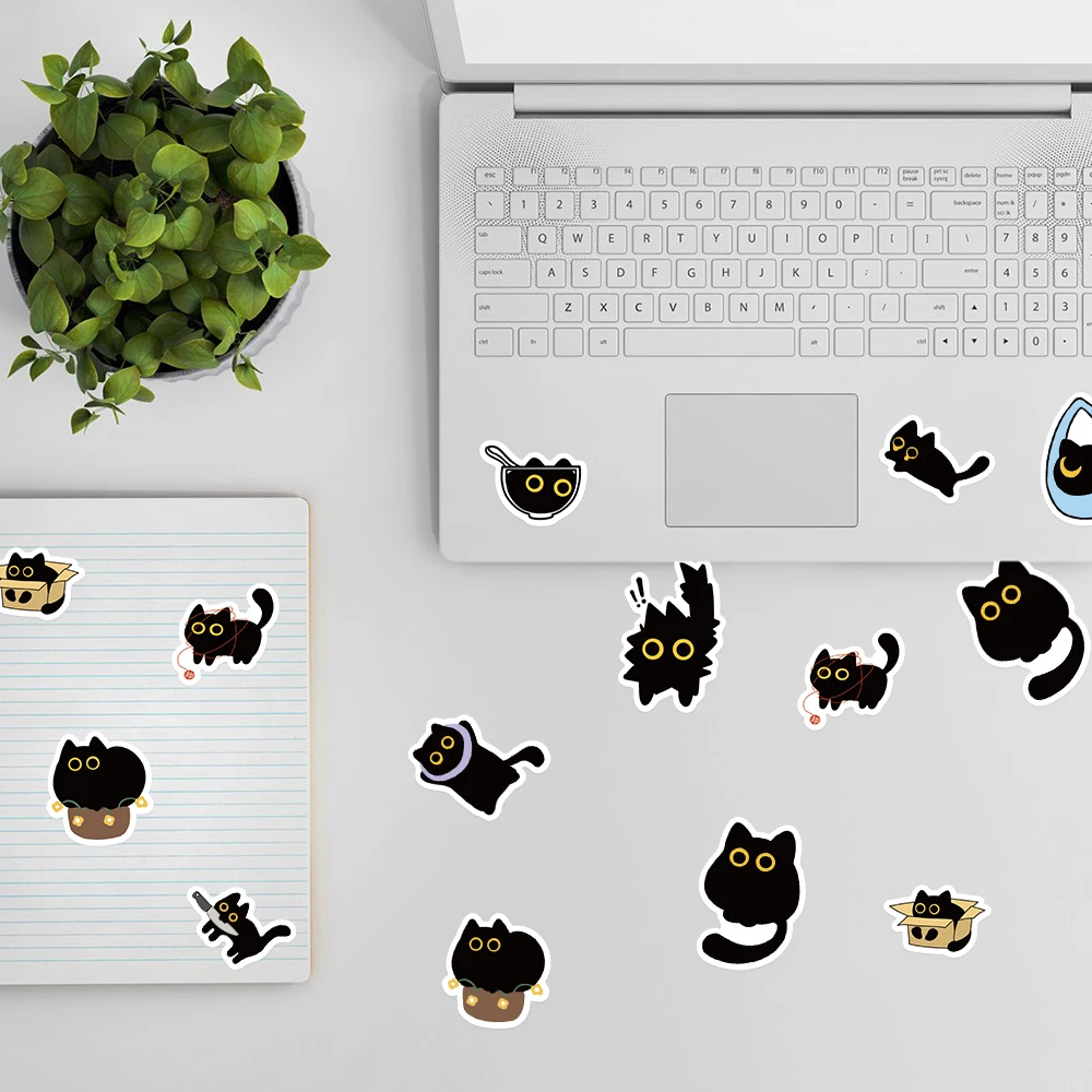 500PCS Black Cat Sticker Rolls Funny Cartoon Cat Meme Cute Label Decals Crafts for Laptop Guitar Skateboard Decor School Rewards image 4