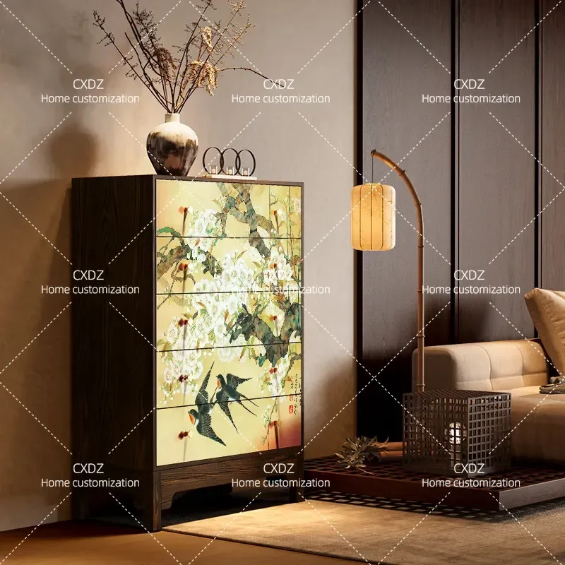 New Chinese Style Solid Wood Side Cabinet Retro Light Luxury Bedroom Nightstand Porch Bucket Cabinet Living Room Dining