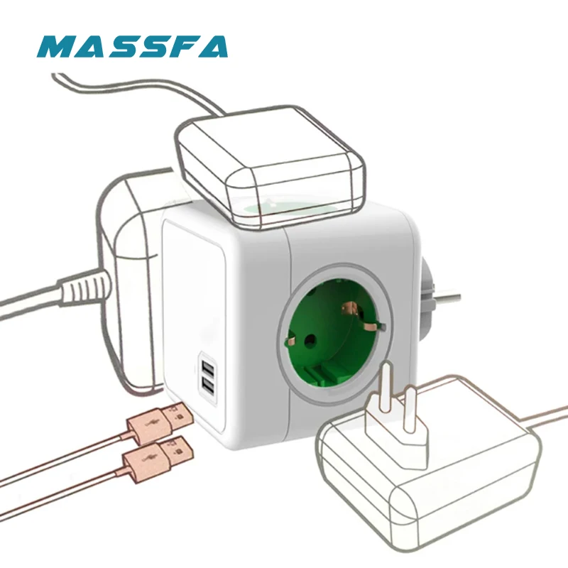 MASSFA Thief Multiple Plugs Spain with 2 Usb Power Strip Powercube Extension Splitter 4AC Socket for Electricity European Plugs