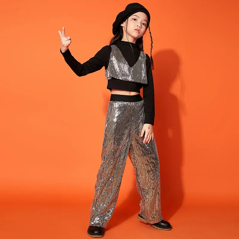 High Waist Street dance Pants Girls Jazz Dance Costume Clothes Kid Hip Hop Clothing Crop Top Long Sleeve Shirt Sequin Tank Top