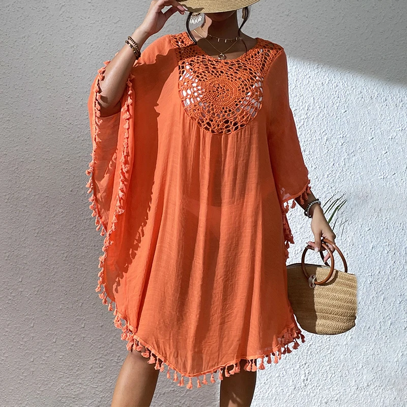 2025, Fransen, Quaste, Stickerei, halbe Ärmel, Tunika, Strand-Vertuschung, Vertuschungen, langes Strandkleid, Strandkleidung, Strandmode, weibliche Frauen