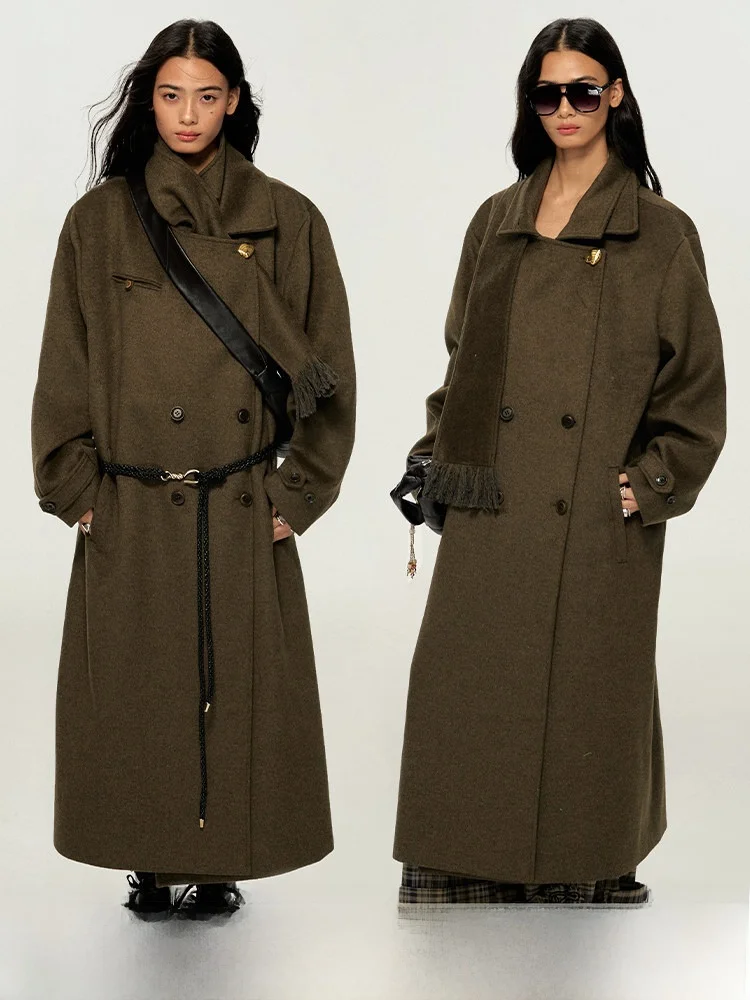 

Длинное шерстяное пальто карамельно-коричневого цвета с 3D-кроем от Hou Ming Hao и Bi Wen Jun, винтажный костюм с прямыми брюками для повседневной носки