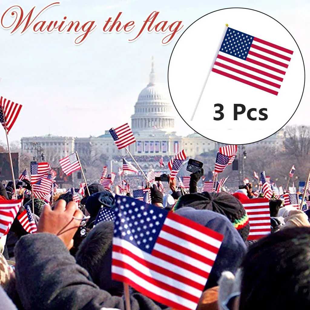 

3pcs USA Stick Flag, American US 14x21cm HandHeld Mini Flag ensign 30cm Pole United States Hand Held Stick Flags banner In Stock