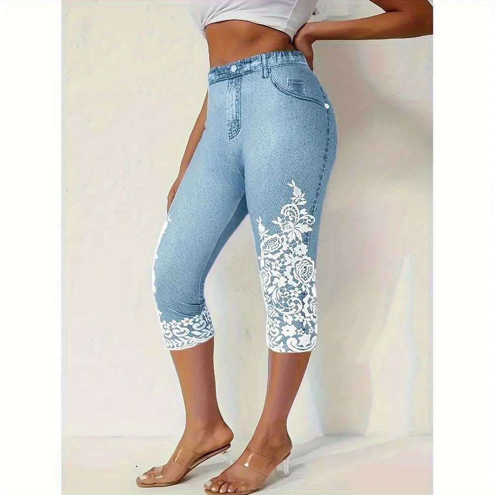 

Casual Leggings Women's Denim and Floral Print Stretch Leggings