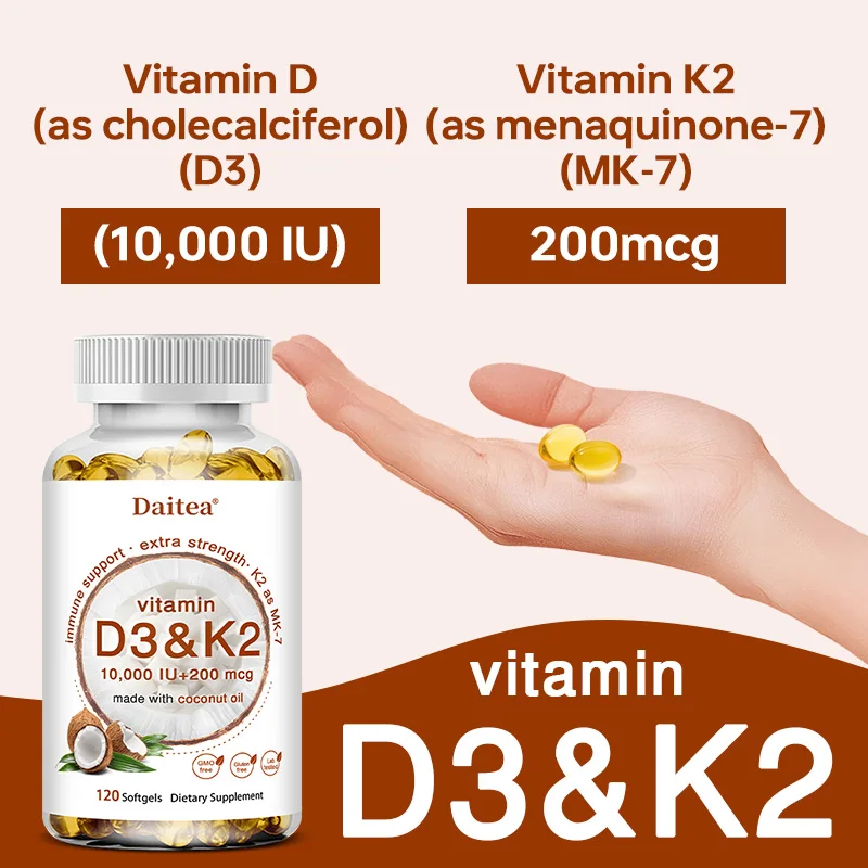 فيتامين د3 ك2 كبسولات زيت جوز الهند 10,000 وحدة دولية + 200MCG تدعم امتصاص الكالسيوم في العظام المكملات الغذائية
