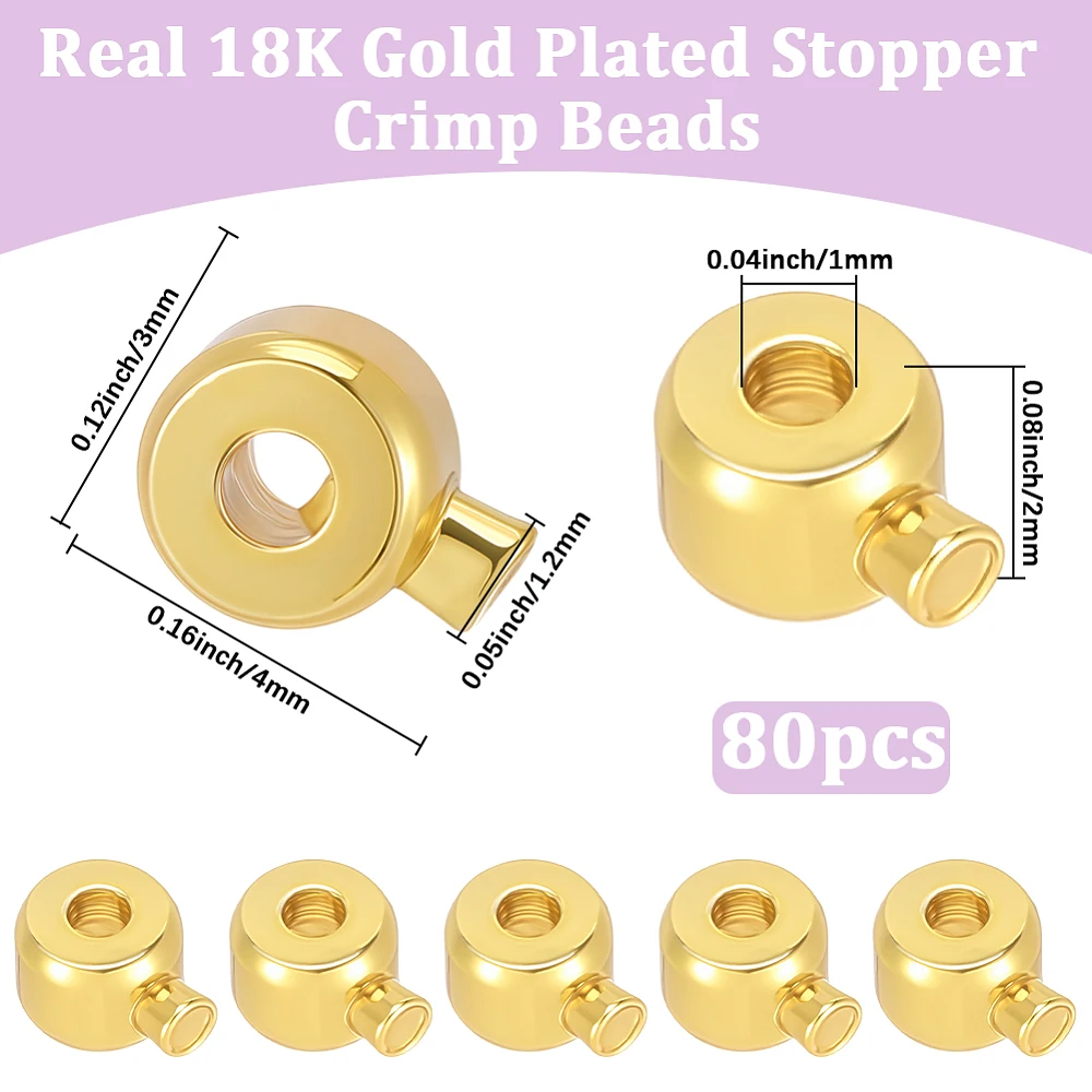 80Pcs Stopper Crimp Beads for Jewelry Making 18K Gold Plated Brass Spacer Beads Ball Column Crimp Bead for Bracelet Necklace