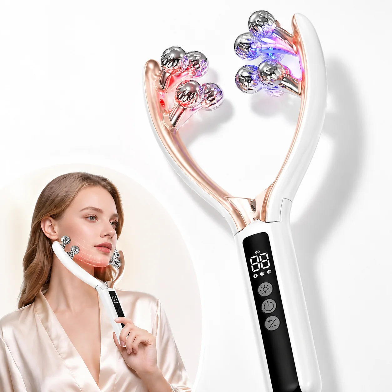 8-Roller V Shape Face Massager with Red Blue LED Light Microcurrent Warm Heat, Electric Facial Roller for Face Neck Jawline, Multi-Mode USB-C Rechargeable Skin Care Beauty Device for Women, Home Spa Daily Facial and Body Massage