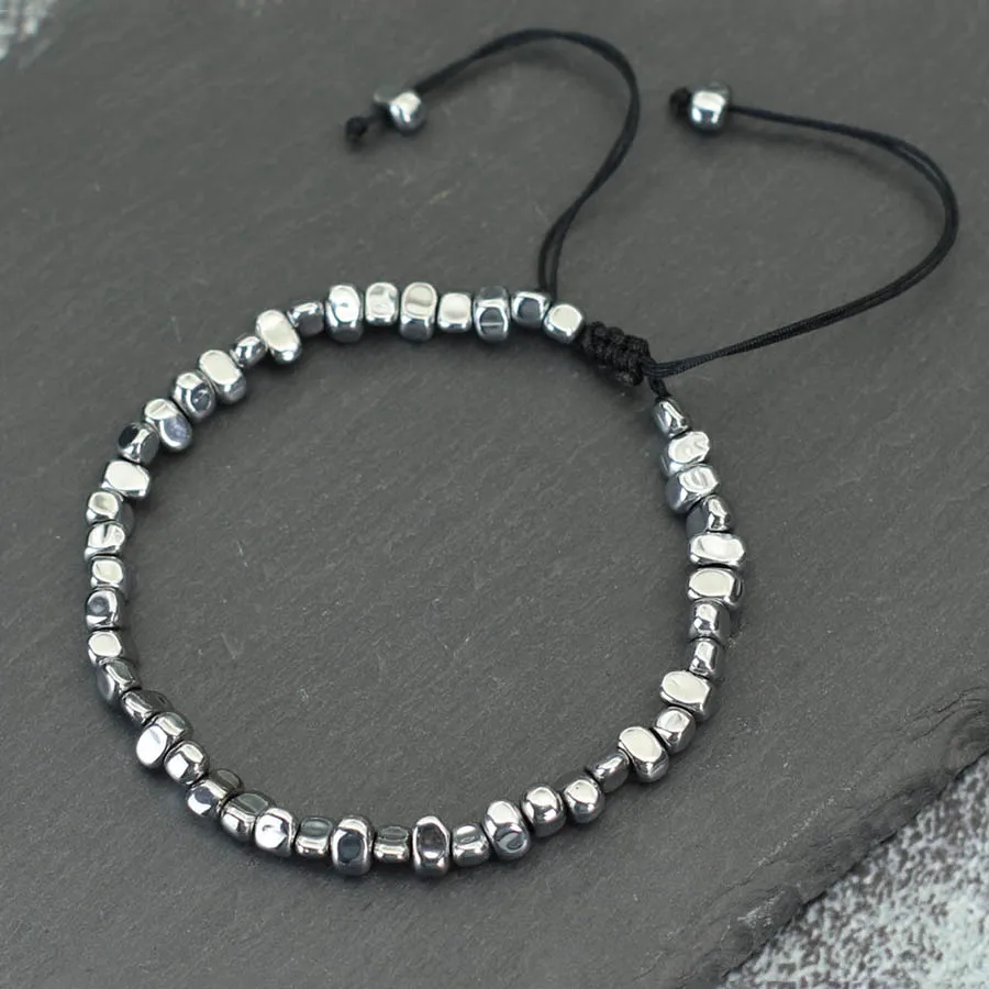 

Antique Men Bracelet Silver Irregular Hematite Stone Braclet Women Hip Hop Biker Lacing Adjustable Brazlets Beaded Accessories