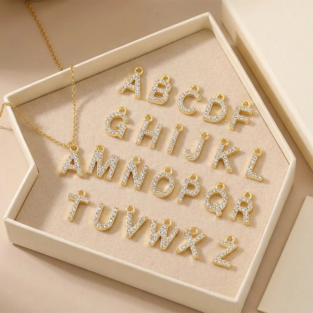 Peixin 26Pcs/Set Alloy Rhinestone Inlaid Crystal 26 Letter Charms Pendants for Women Necklace Earring Jewelry Accessories