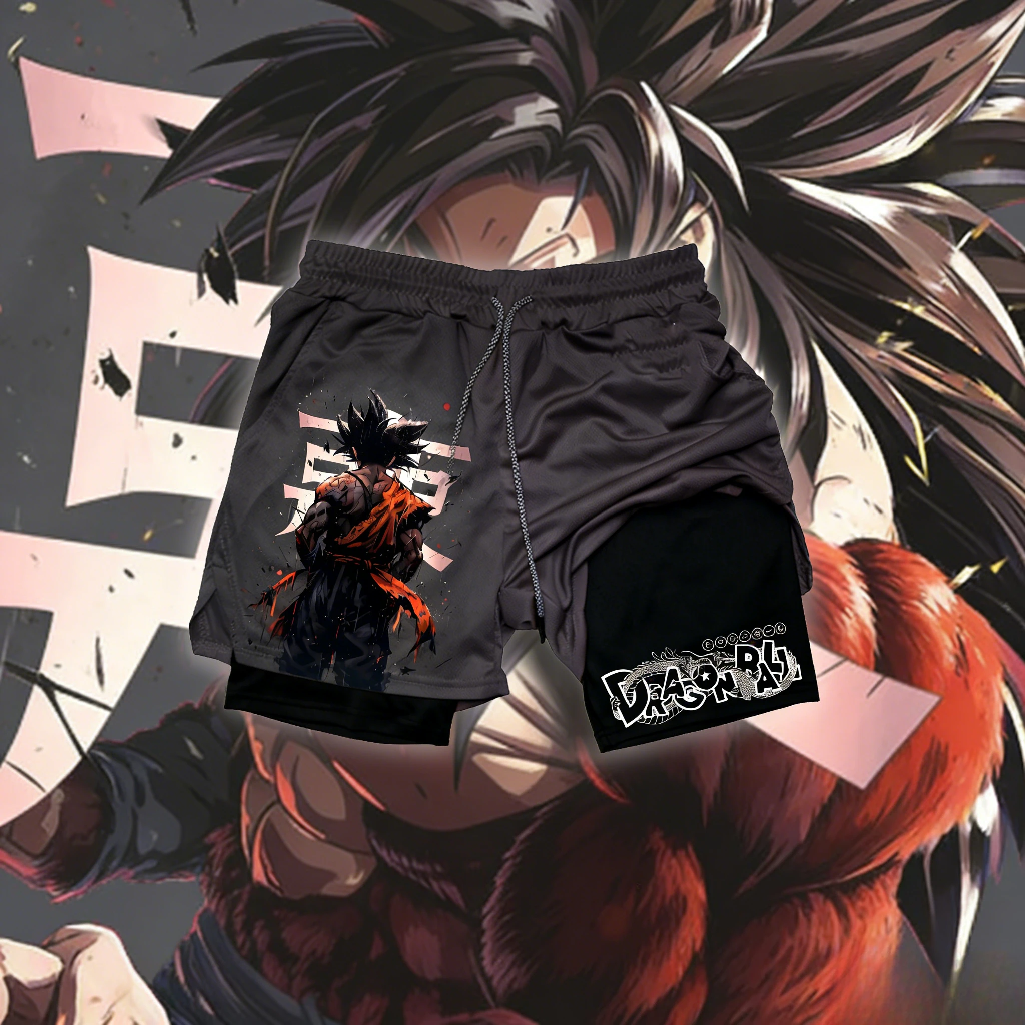 2026 Sommer Dragon Ball Übergroße 2-in-1 Shorts Hochwertige Baumwolle Goku Kanji Druck Unisex Retro Freizeitshorts für Erwachsene