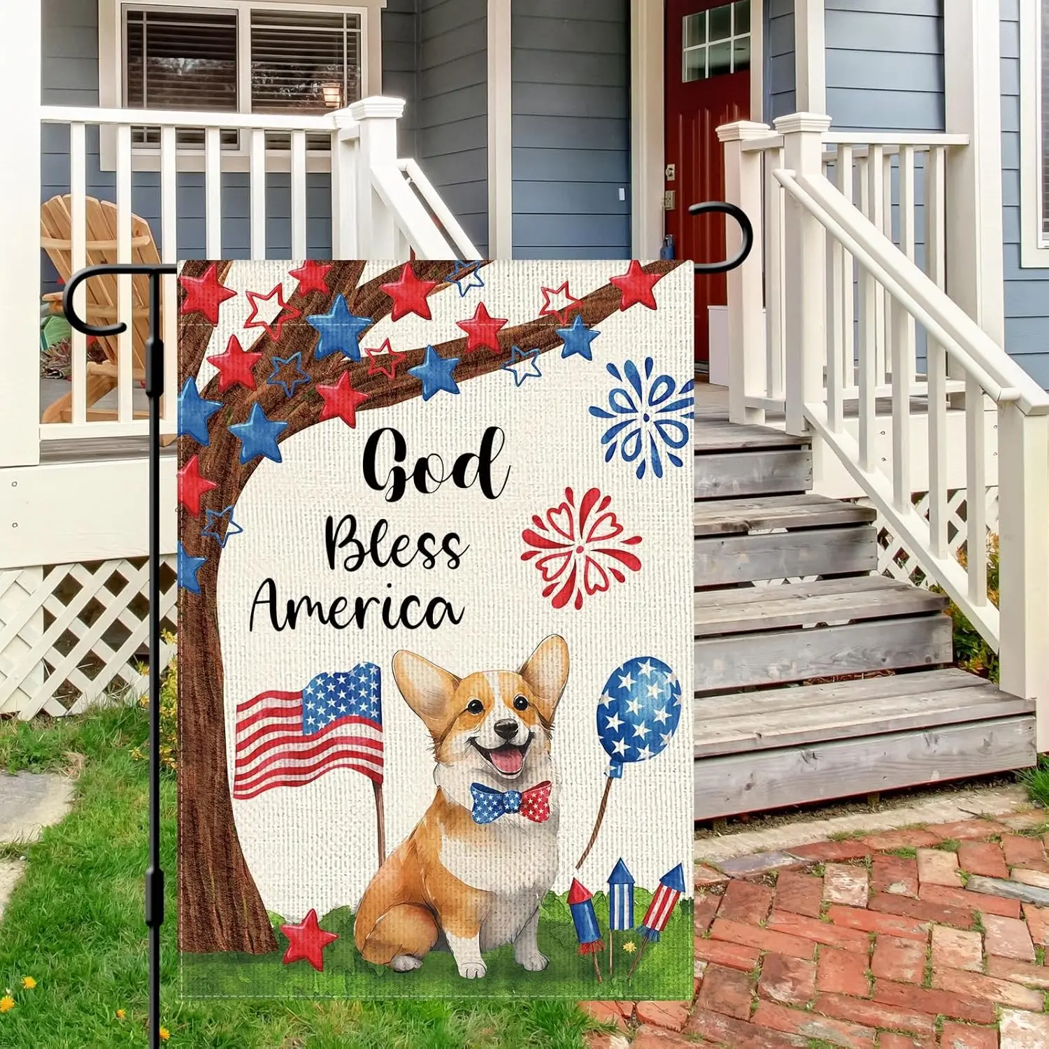 DLZDN God Bless America 4th of July كورجي حديقة الكلب العلم 12 × 18 بوصة مزدوجة الجانب العمودي الخيش مزرعة ساحة العلم Indepen HHU