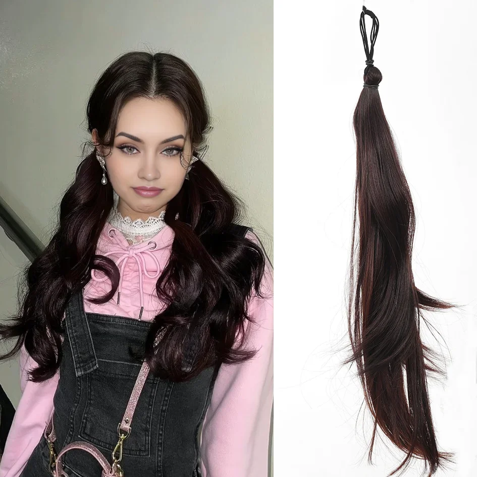 ربطة عنق صناعية مجعدة على شكل ذيل حصان 16 بوصة/22 بوصة، عصابة رأس مرنة، إكسسوار شعر نسائي، شعر مستعار على شكل ذيل حصان مزدوج من لولي، قطعة تمديد