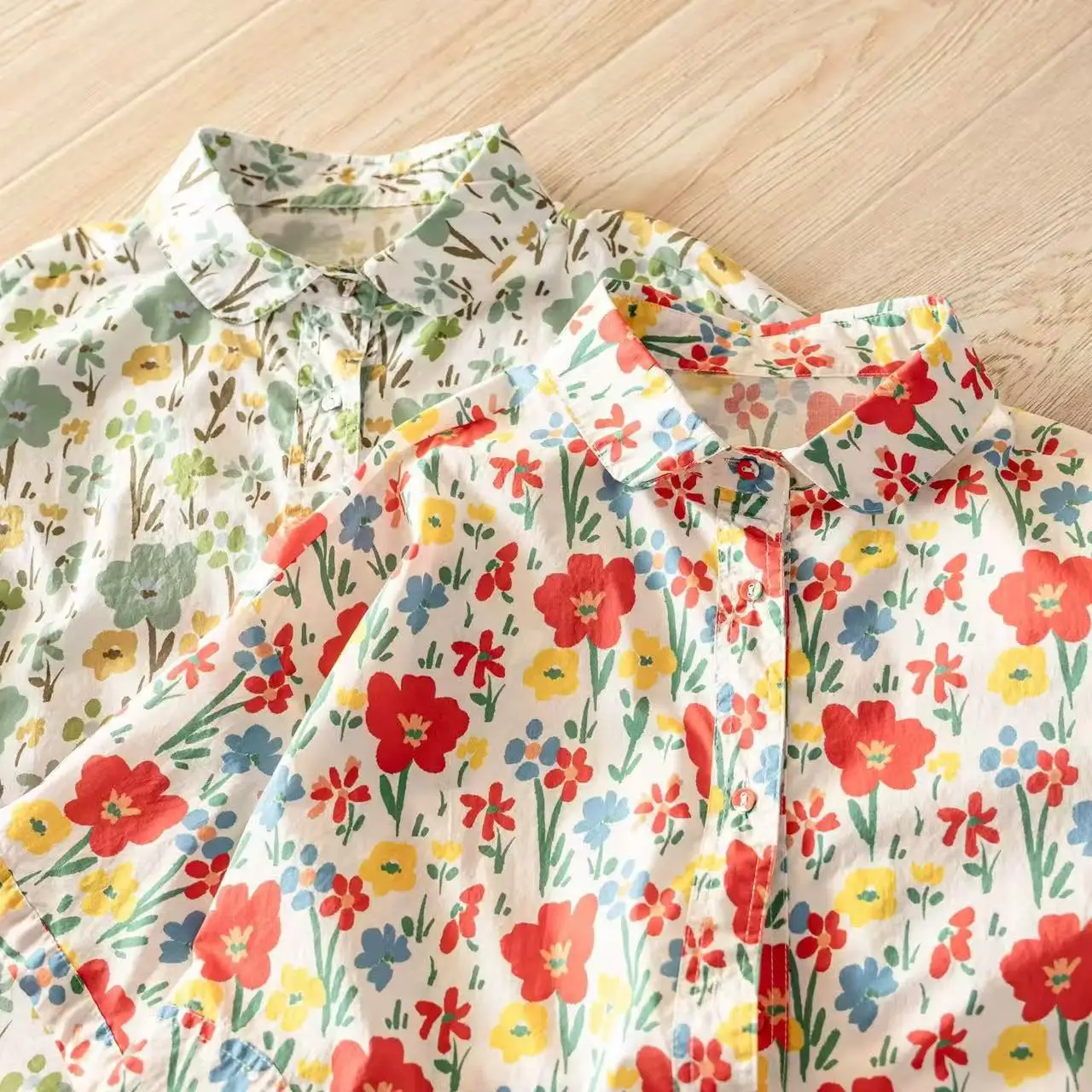 

2026 Japanese Style 100% Cotton Women's Floral Print Button Down Shirt Short Sleeve Blouses Red Green Print Hawaiian shirt