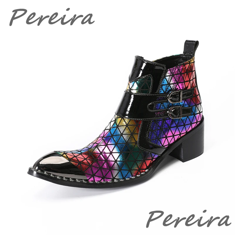 

Rainbow Mixed Color Cowhide Men's Boots Metal Pointy Toe Belt Buckle Zipper Chelsea Boots Fashion Handmade Party High Top Shoes