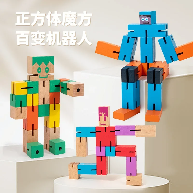 Boneka kayu robot serbaguna kayu anak-anak baru yang dapat diubah bentuk blok bangunan dekompresi mainan otak yang dioperasikan dengan tangan