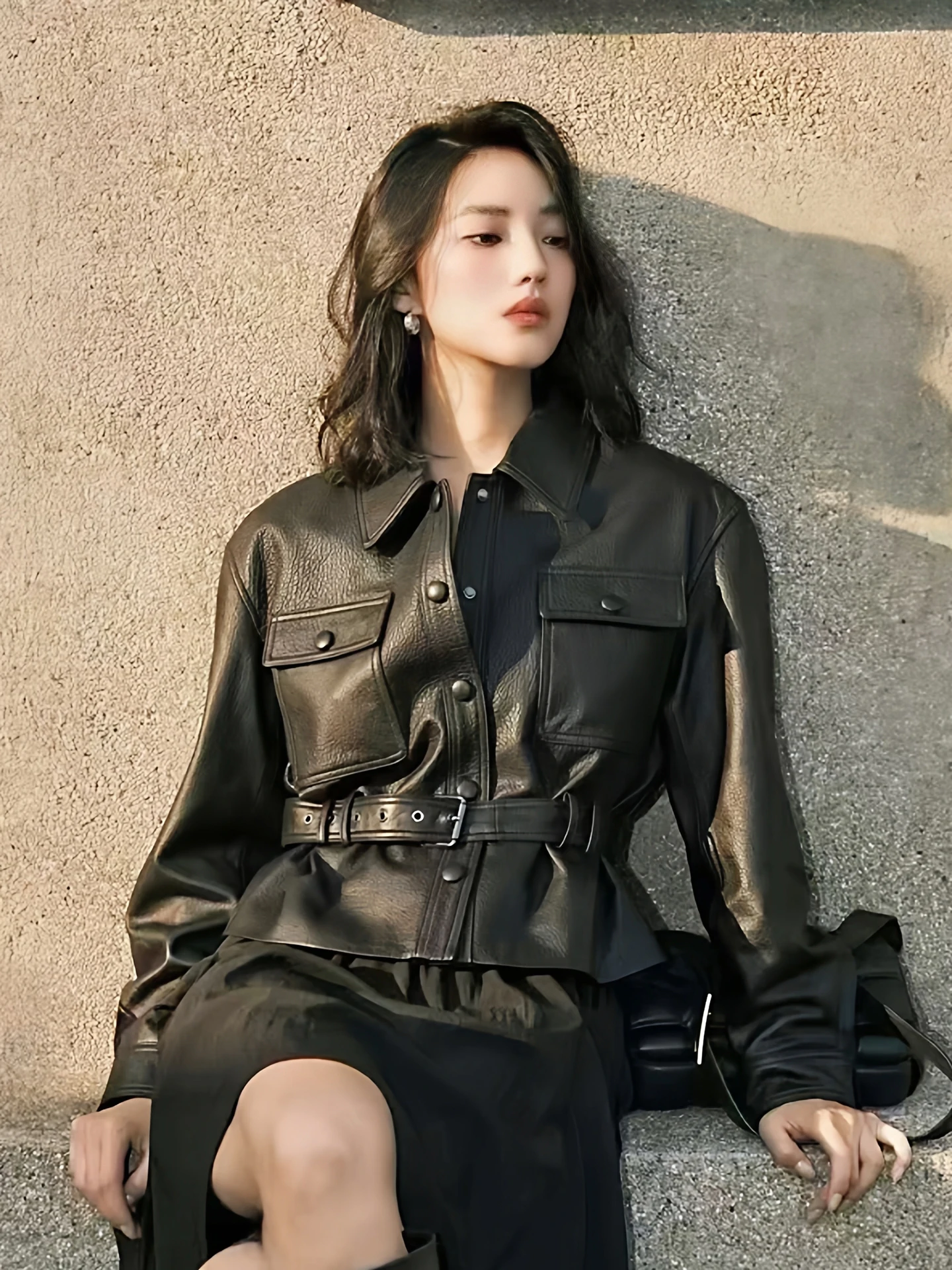 

Женская куртка из натуральной кожи в корейском стиле, из овчины, байкерская, с поясом, весна-осень, дышащая, для повседневной носки