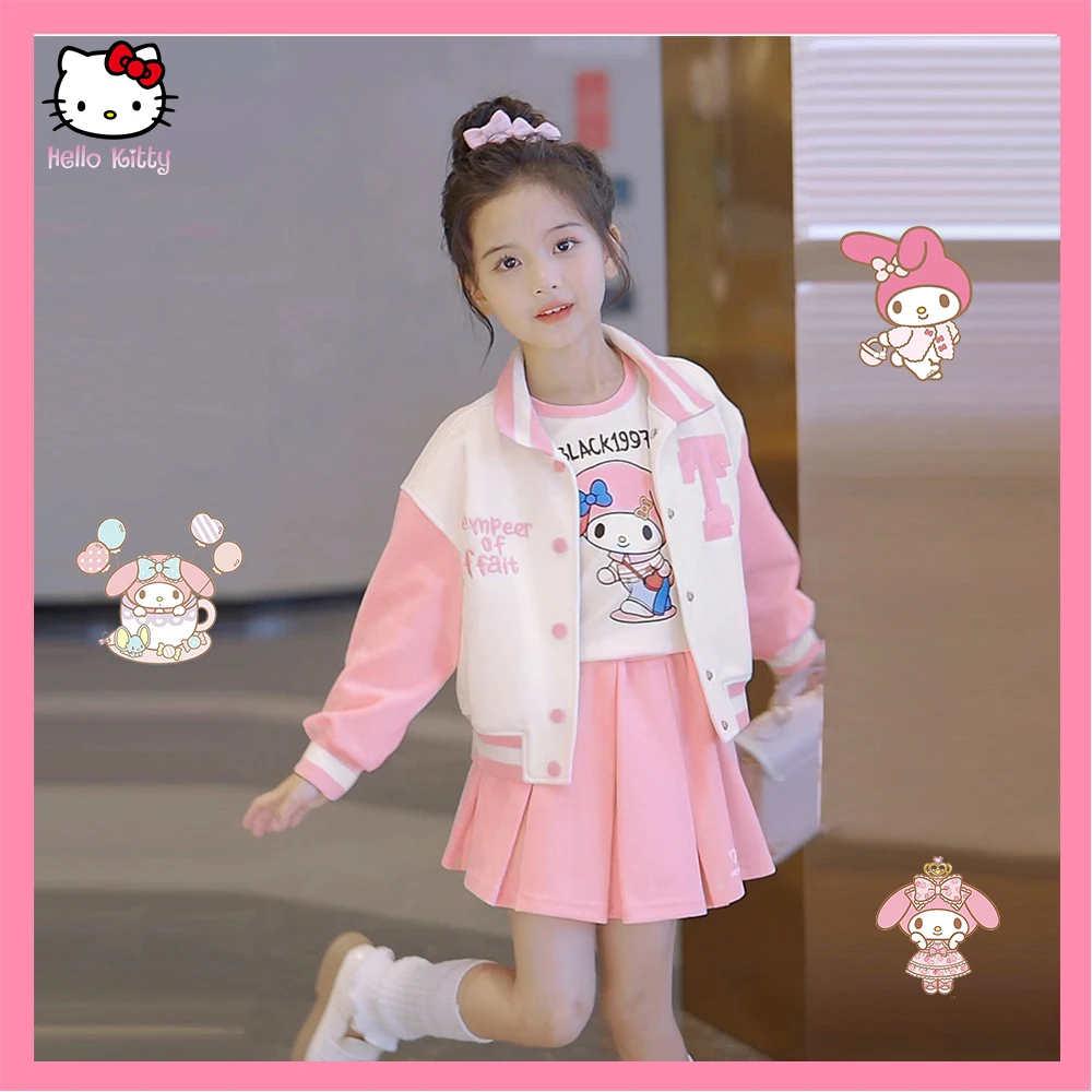 Cute 3Pcs Sanrio Anime Melody Kids Girls Jk Princess Clothes Set Y2K Korean Style Autumn Cartoon Jacket Coat Skirt Pants Student