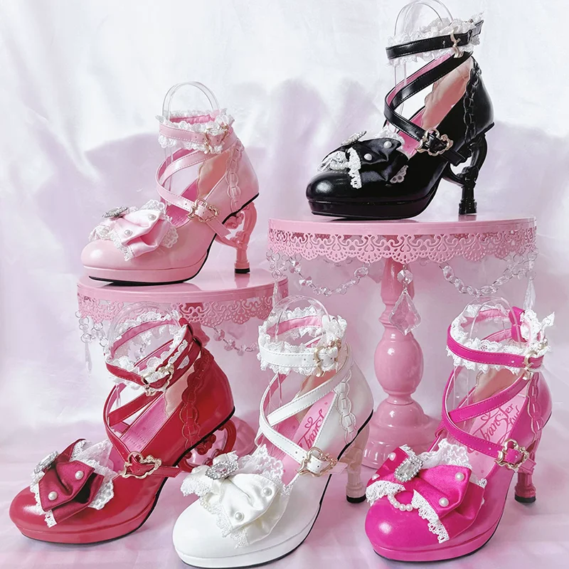 Cross Strap Women High Heels Mary Jane Pumps Wedding Tea Party White Pink Black Ruffles Bow Maid Princess Cosplay Lolita Shoes
