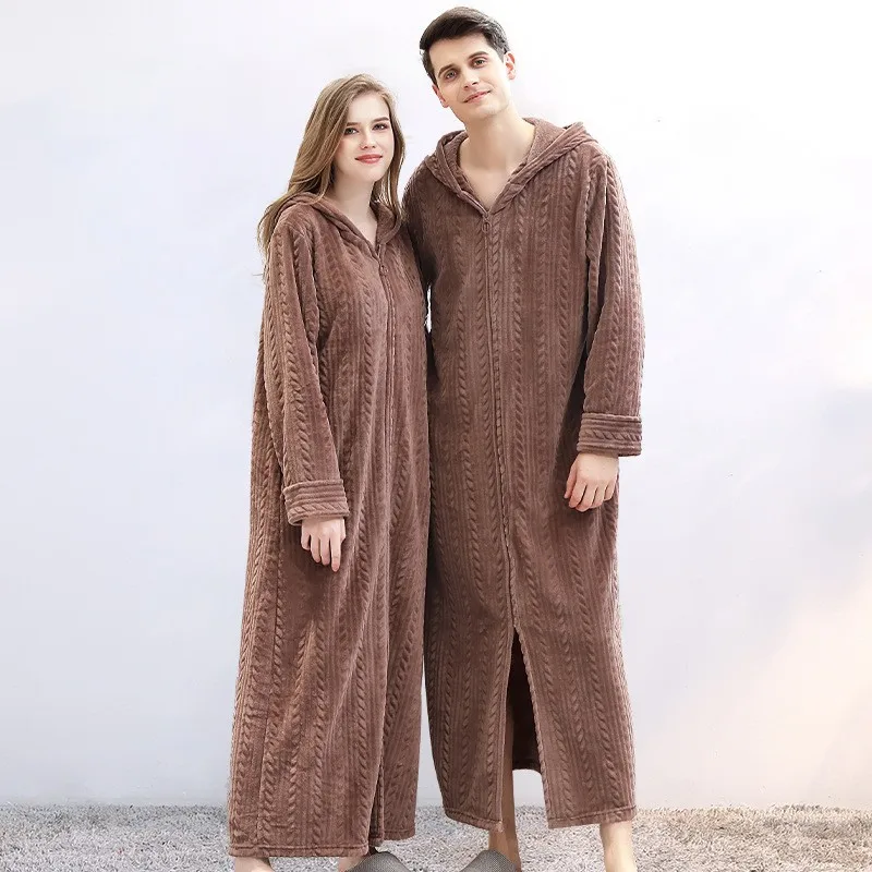 النساء الرجال الشتاء الفانيلا رداء اضافية طويلة مقنعين سستة Bathrobe Couple ثوب النوم سميكة كيمونو روب استحمام الذكور روب للنوم