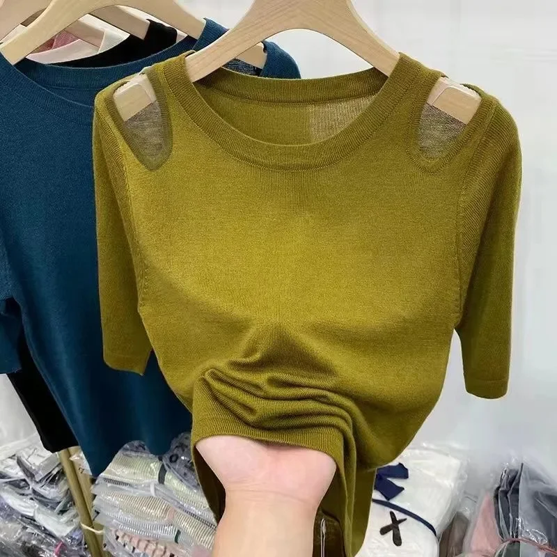 2024 New Spring Summer New Women\'s O-neck Short-Sleeved Exquisite Cashmere Knitted Sweater Pullover Solid Color Knitwear