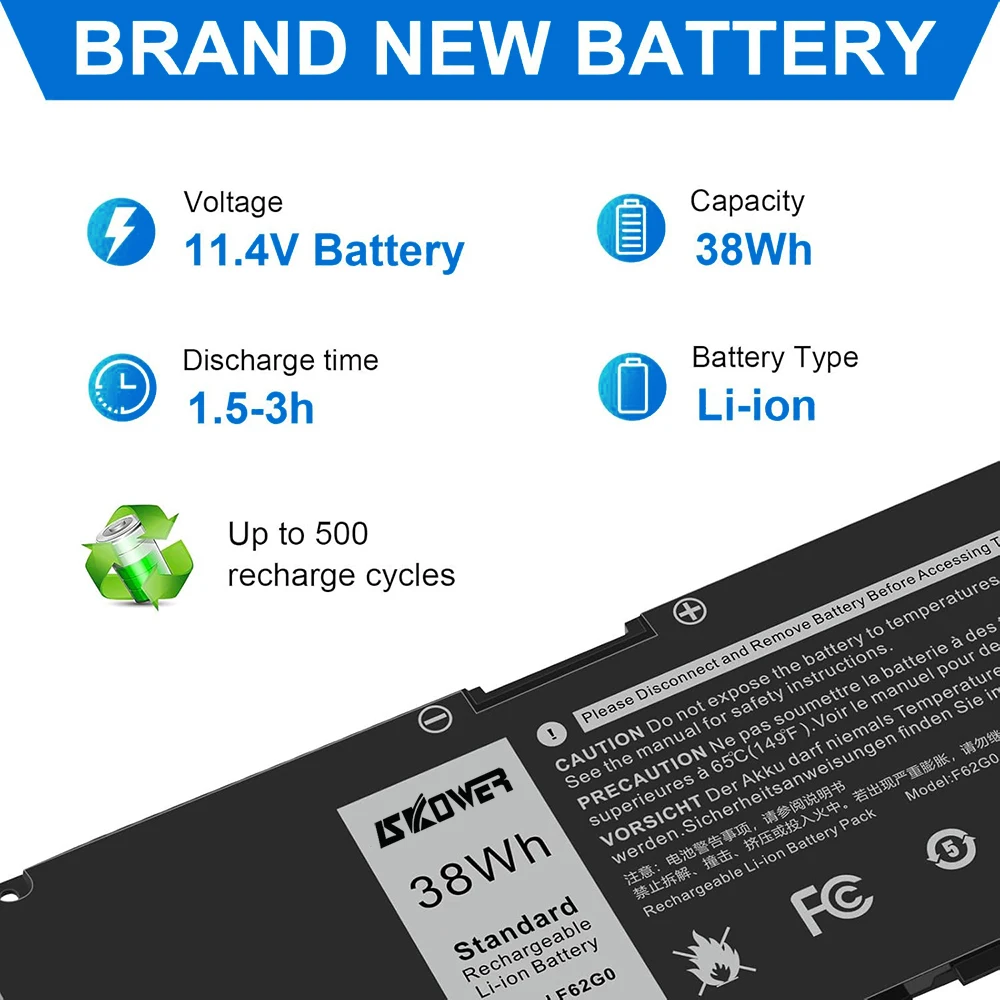 بطارية كمبيوتر محمول SKOWER 38Wh F62G0 لأجهزة Dell Inspiron 13 7000 7373 7386 2-in-1 7370 7380 P83G P87G P91G 39DY5 RPJC3 Vostro 13 5370