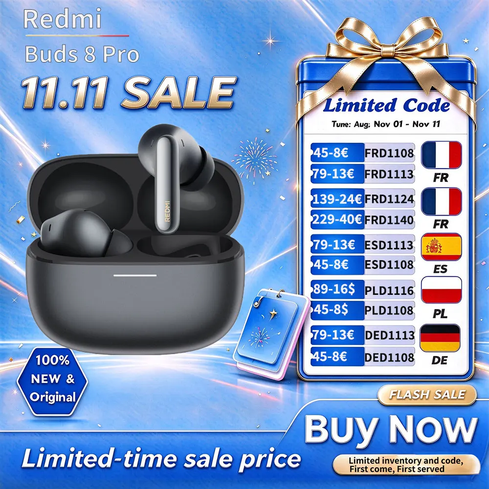 Global Version Redmi Buds 8 Pro TWS Earphone 55dB Active Noise Cancellation 3-mic Al Noise Reduction Hi-Res Audio Mi Earbuds