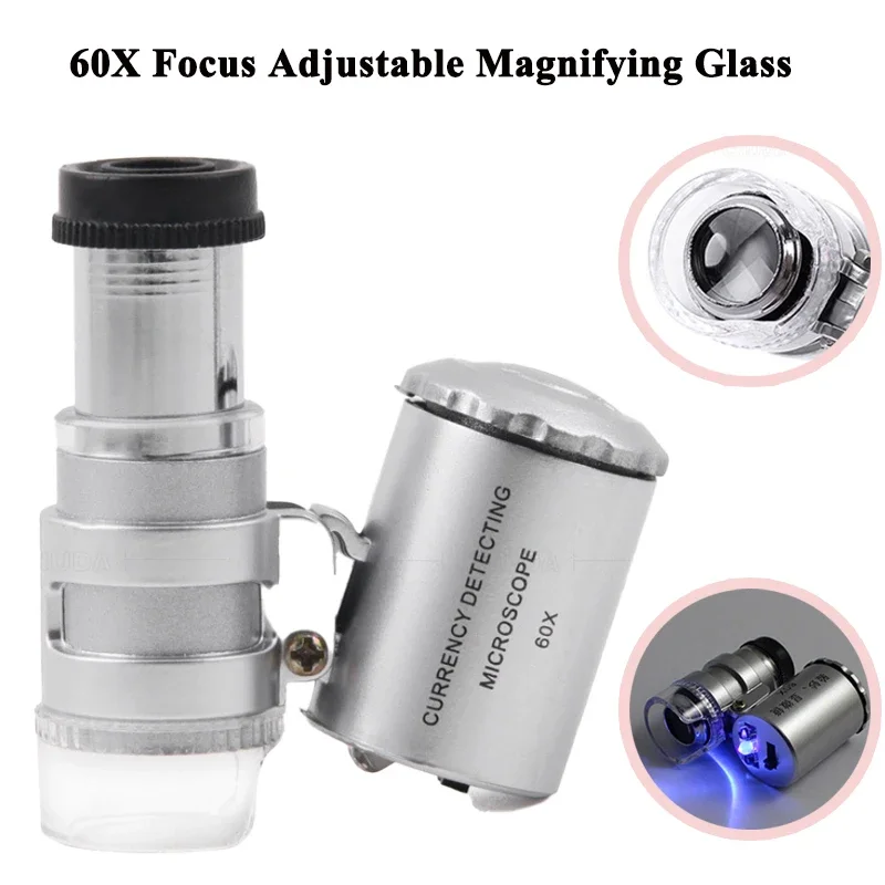 60X Focus Adjustable Magnifying Glass Jewelers Microscope Currency Inspection Battery Operated for Magnifier Detection Use Tool