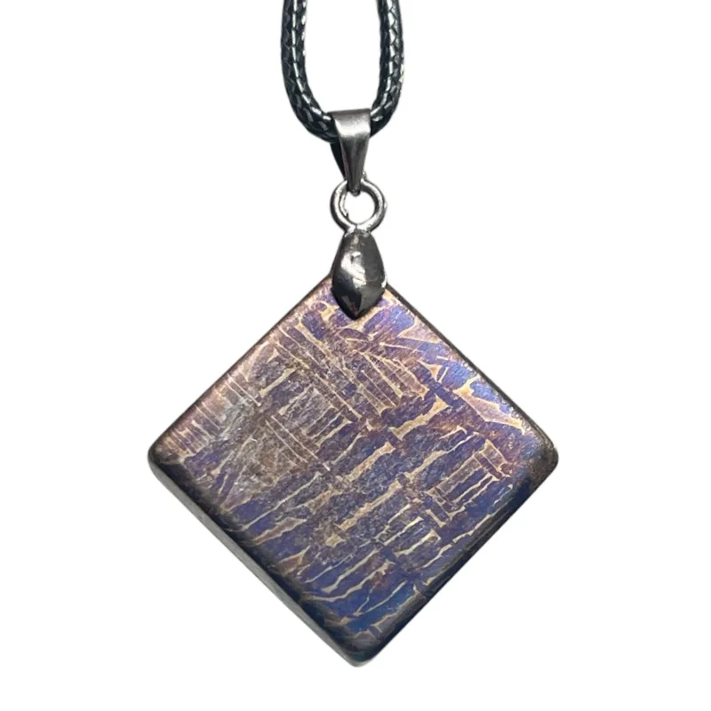 Genuine Muonionalusta Meteorite Diamond‑Shaped Blued Pendant Outer Space Mineral Necklace Gift Meteorite Collection LK505