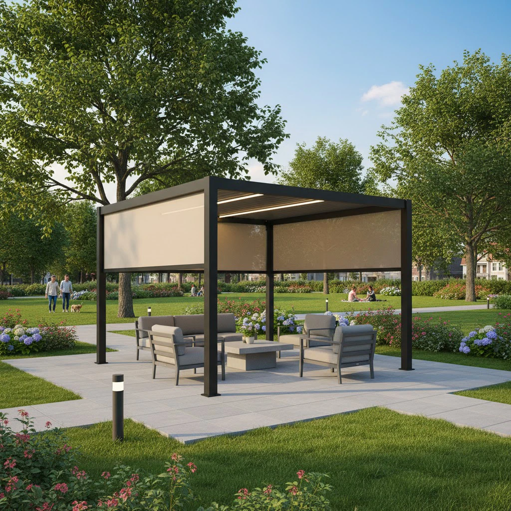 Modern Aluminium Pergola Gazebo Balcony Garden Buildings Powder Coated Frame Nature Pressure Treated Screen Aluminium Pavilion