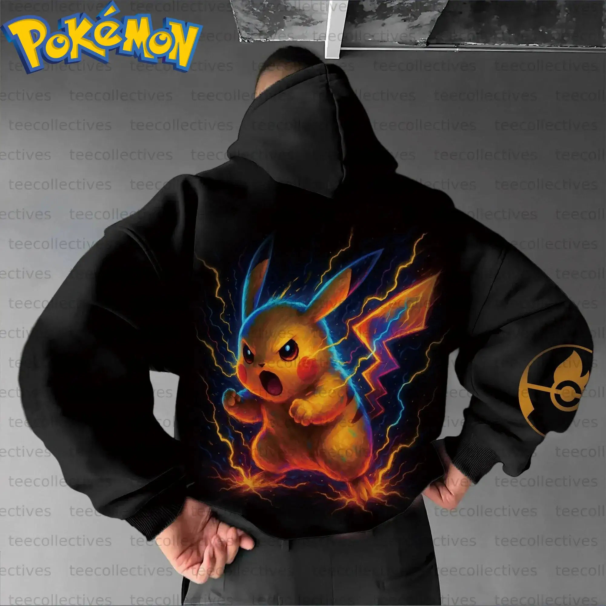 Pokemon anime pikachu algodão hoodie cor preta personagem impressão com aura elétrica efeito relâmpago padrão casual streetwear