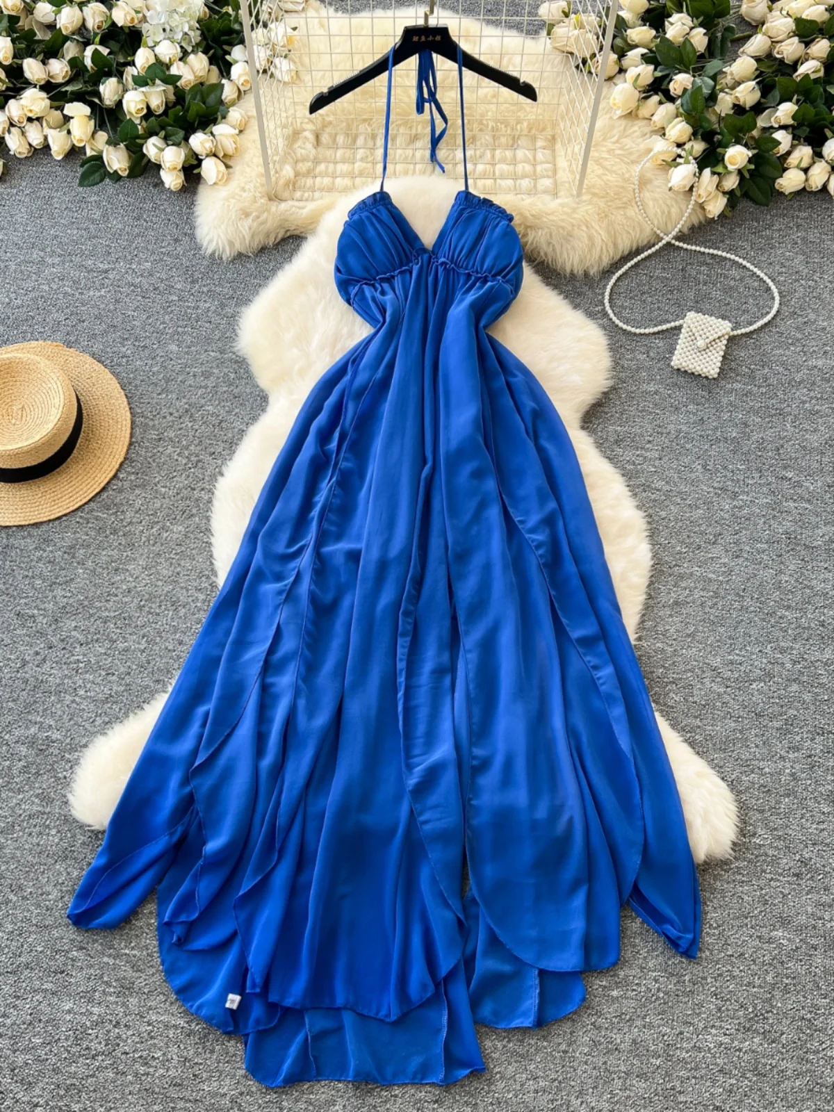 Blue Vacation Style Women's Dress V-Neck Halter Strap Long Skirt A-Line Mid-Length Spring Season No-Sleeve Other Pattern