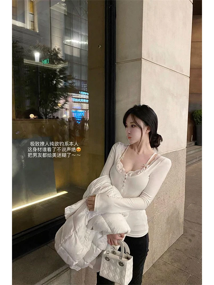 Women White Lace Patchwork T-shirt Korean Y2k Tee Top Elegant Vintage Long Sleeve Slim T-shirts 90s Aesthetic 2000s Clothes 2024