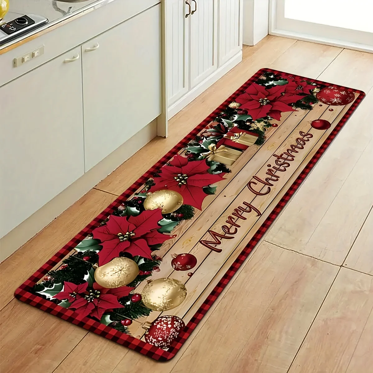 VIKAMA Wooden Poinsettia Gift Bell Kitchen Rugs Set Anti Slip Washable Runner for Winter Holiday Kitchen Floor Decor