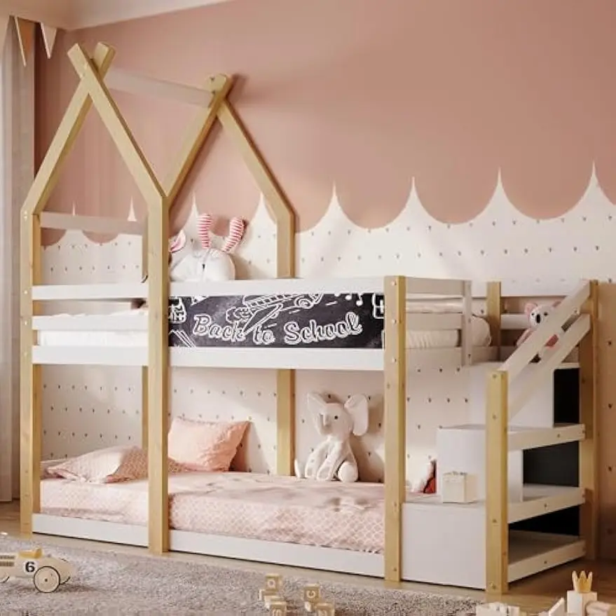 

Twin Over Twin House Bunk Bed with Storage Staircase and Blackboard, Wood Treehouse Bunk Bed for Kids Girls Boys Teens