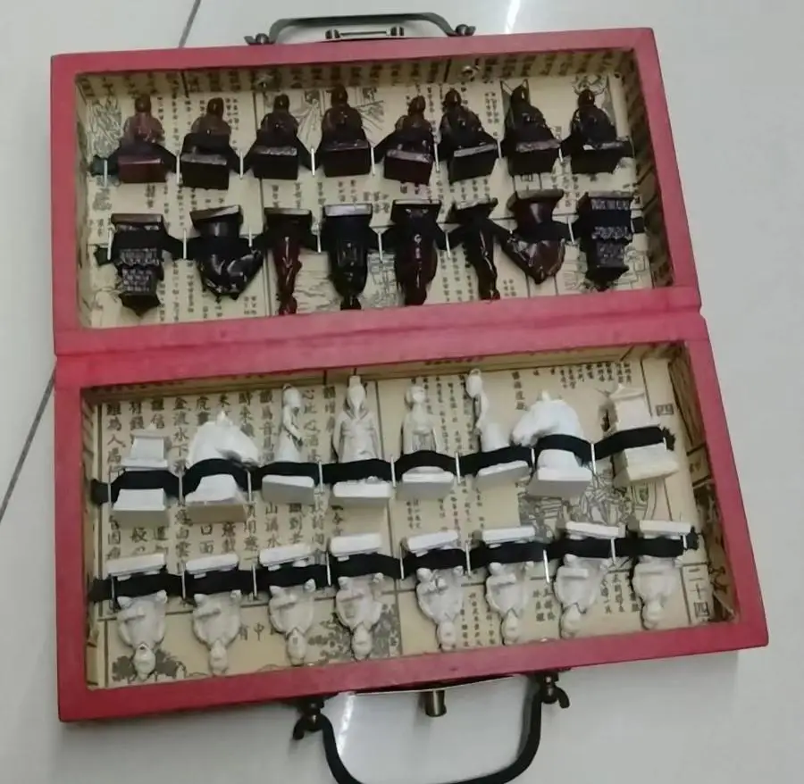 Rare Chinese Dragon wood Leather box with 32 Chess Set +Gift+  FREE SHIPPING