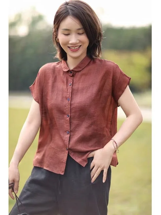 เสื้อผ้าลินินแท้สำหรับผู้หญิง ทรงหลวม สไตล์ญี่ปุ่น รุ่นใหม่ประจำปี 2025 สำหรับฤดูร้อน ผ้าลินินถักลายศิลปะ