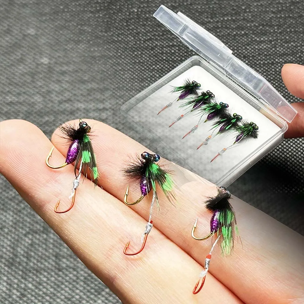 5 Stück Fliegenfischen Nasse Fliegen Doppelhaken Bionics Mückenfliegen Perfekt zum Angeln wie Forelle/Barsch/Barsch/Wels/Karpfe