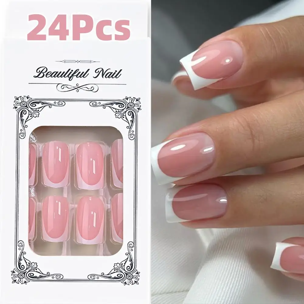 24 Stück glänzende, pinkfarbene French-Tip-Press-On-Nägel, kurze, quadratische Kunstnägel für Büro, Alltag, Hochzeit, minimalistischer Stil, künstliche Fingernägel 1