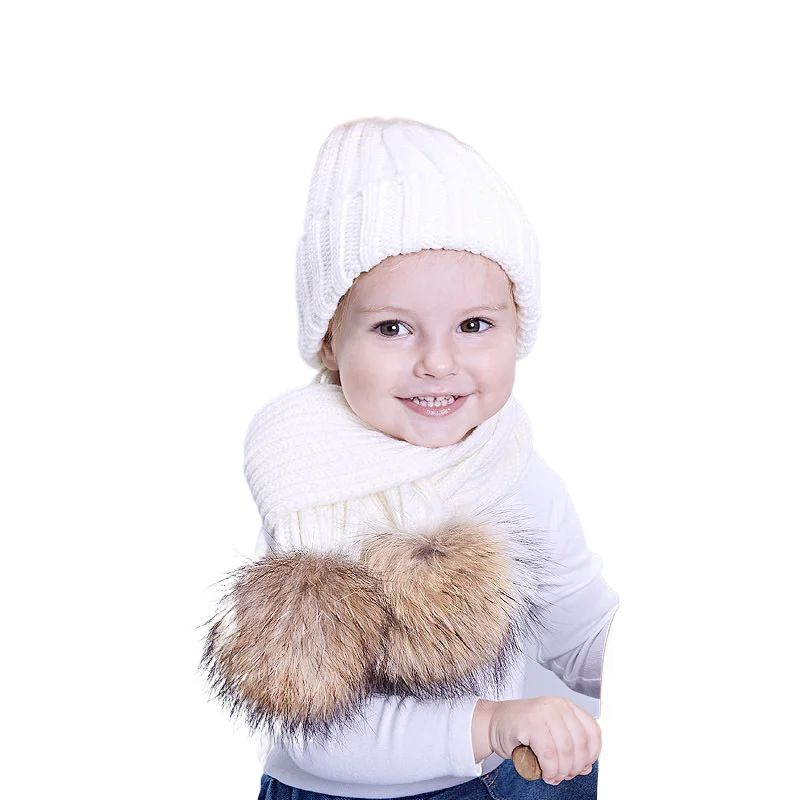 Knit Real Fur Pom Beanie Hat Scarf Set for Women and Kids Children Boy Girl Winter Ski Snow Caps Slouchy Skull Cap