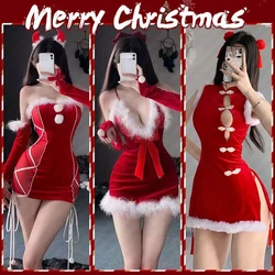 Christmas Cheongsam Sexy Rabbit Girl Costume Santa Claus Robe Unifrom Suit Xmas Red Dress Erotic Lingerie Pajamas Cosplay